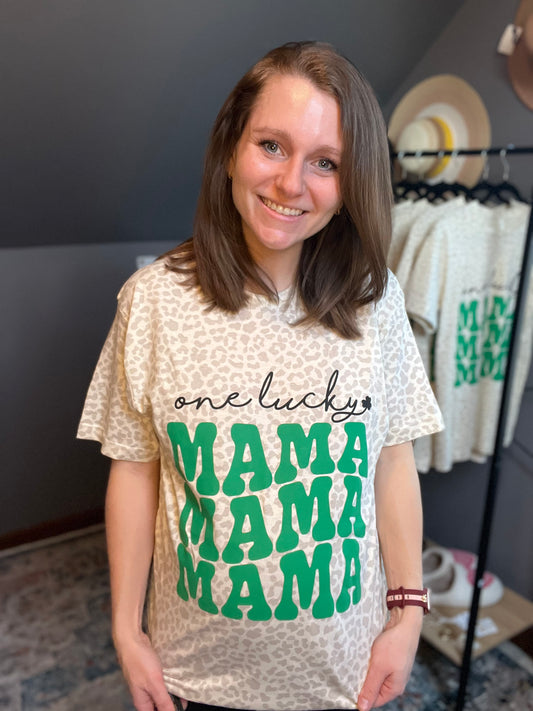 one lucky mama tee on a natural leopard print tee