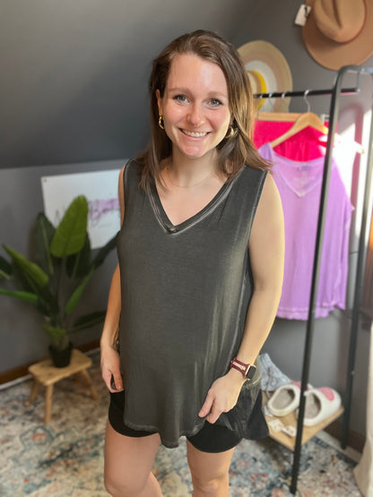 light washed zenana tank in charcoal paired with athletic shorts