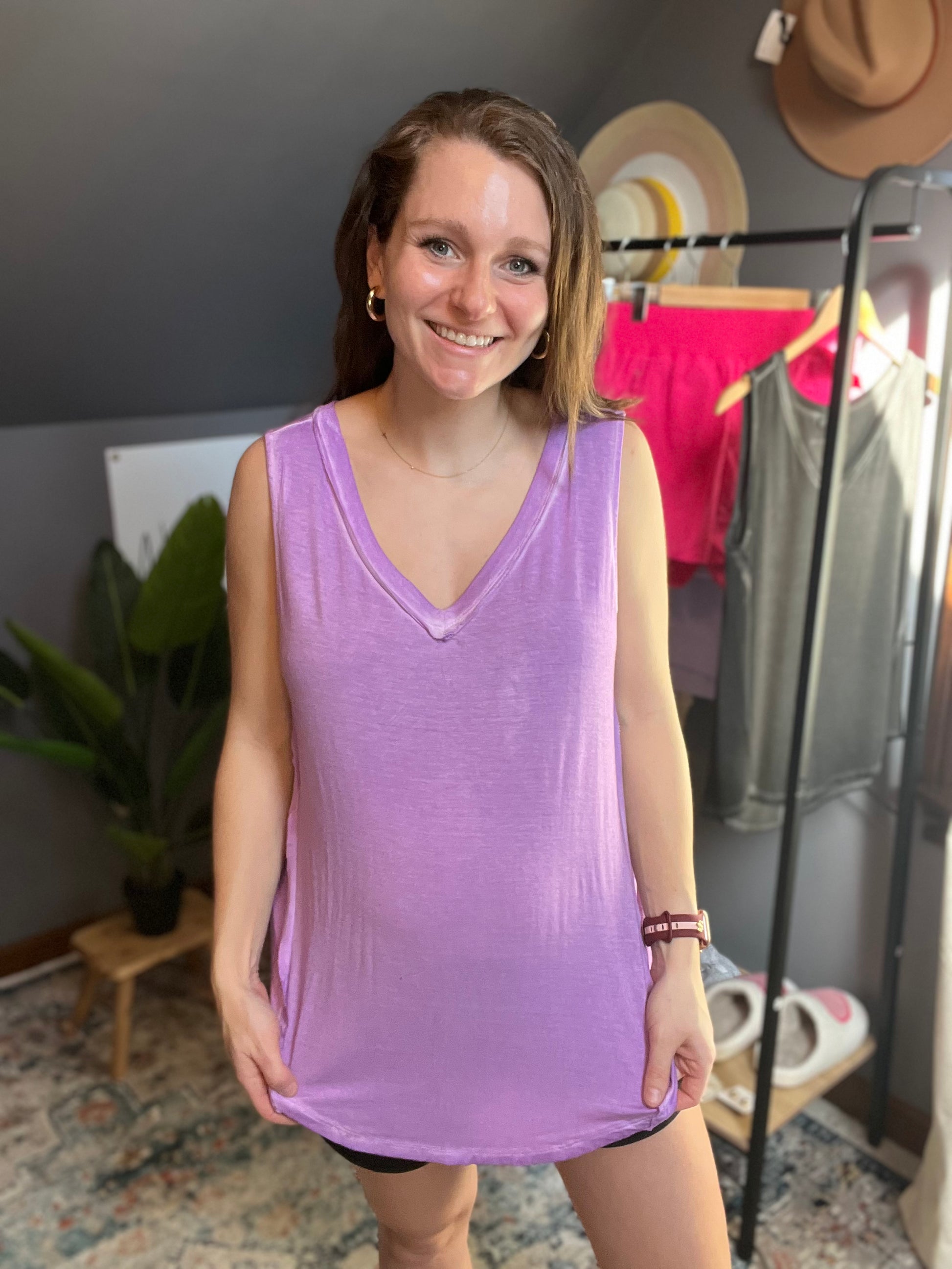 light washed zenana tank in lavender paired with athletic shorts