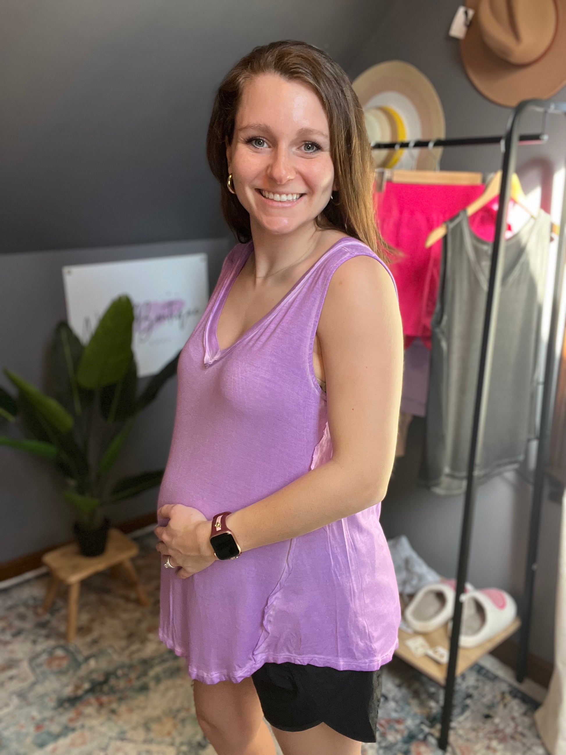 light washed zenana tank in lavender paired with athletic shorts