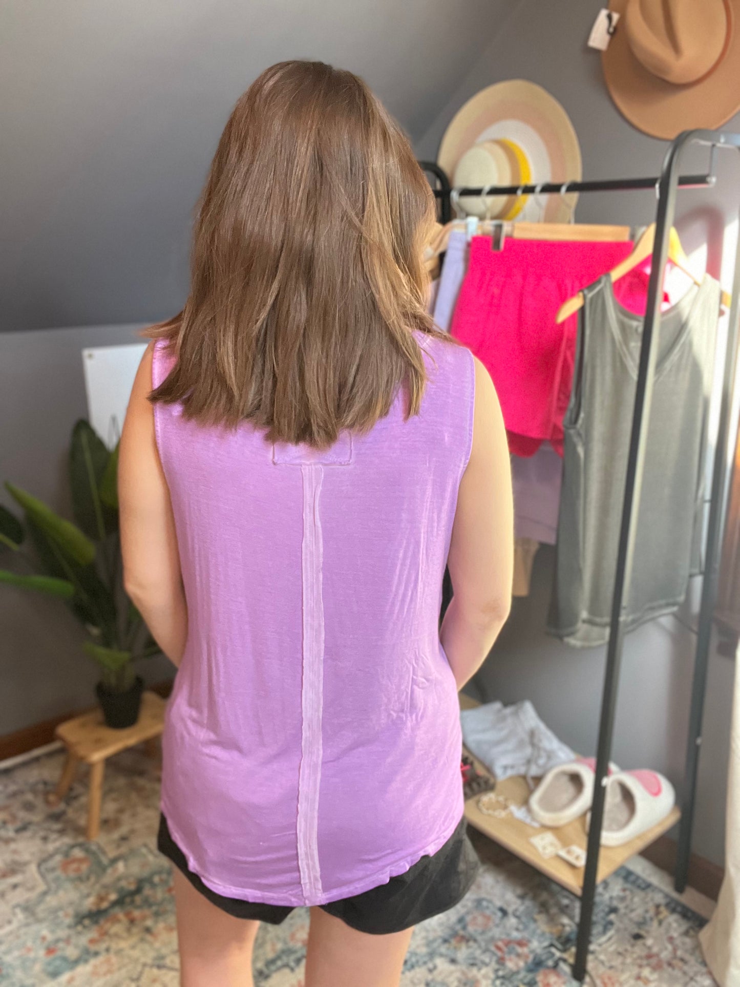 light washed zenana tank in lavender paired with athletic shorts