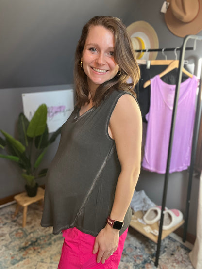 light washed zenana tank in charcoal paired with athletic shorts