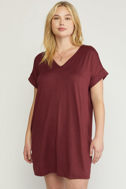 entro short dress in wine with 2 pockets and rolled cuff on sleeve